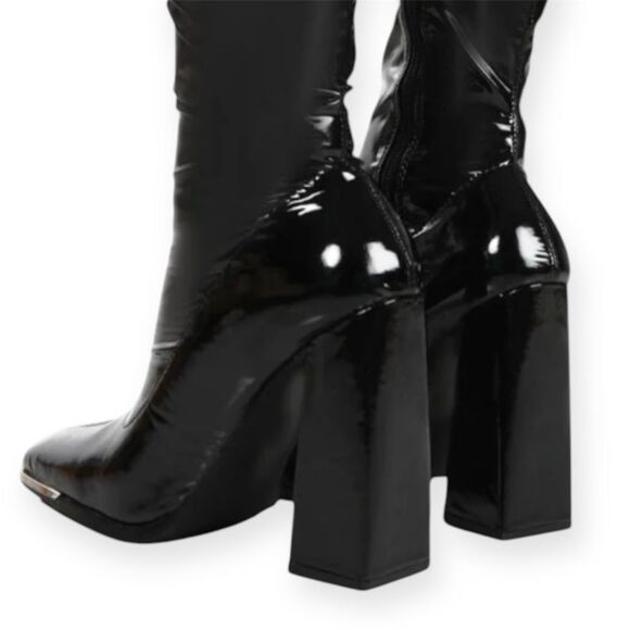 Public Desire Caryn Black Patent Wide High Block High Heel Boots Silver Tip Sz 6 - Picture 5 of 13
